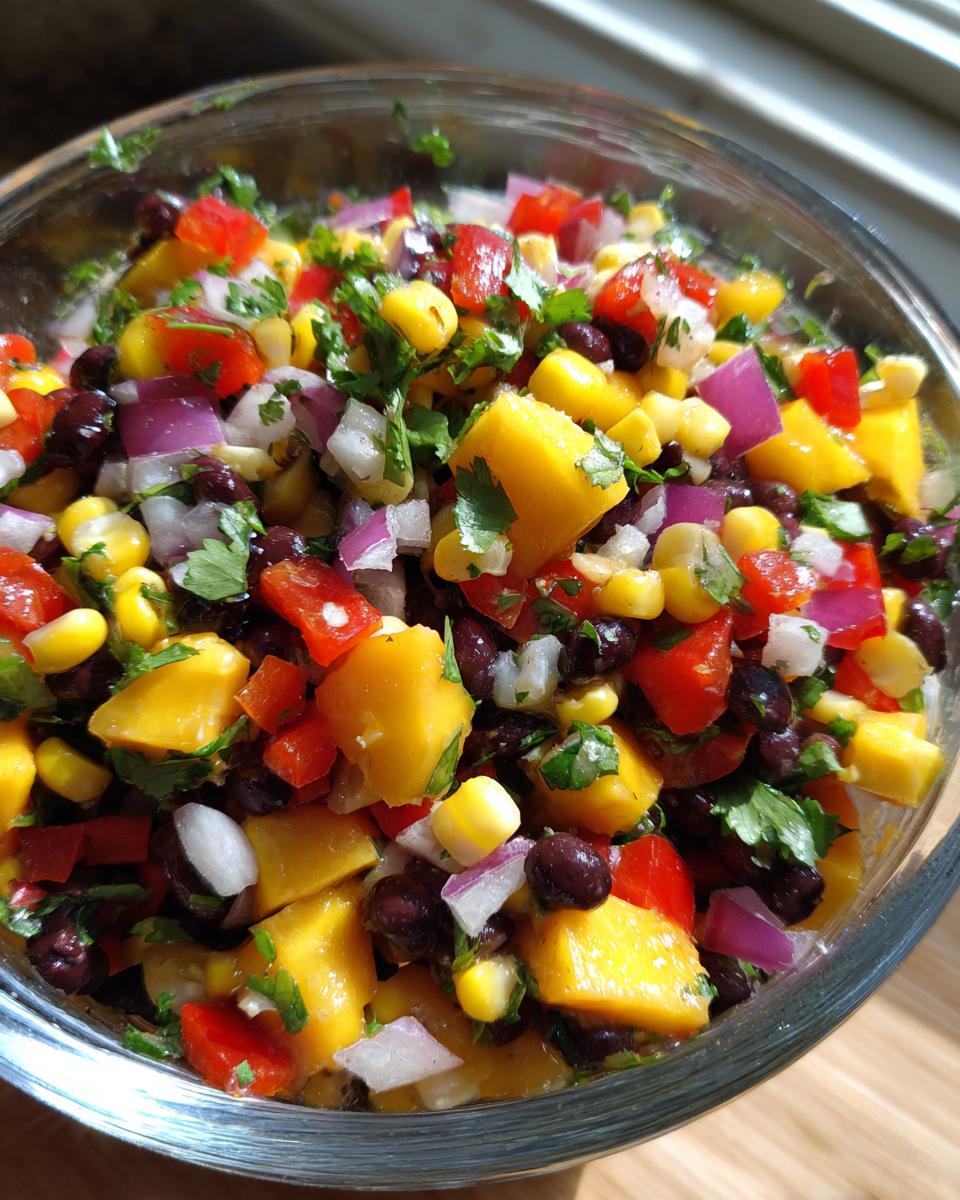 Close-up of a vibrant mango black bean picnic salad in a glass bowl, featuring chunks of mango, black beans, corn, red pepper, and cilantro.