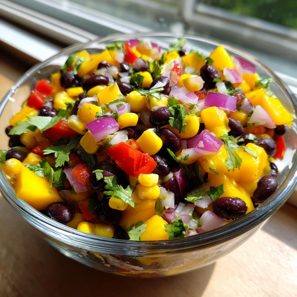 Close-up of a vibrant Mango Black Bean Picnic Salad in a glass bowl, featuring fresh mango, black beans, corn, red onion, and cilantro.