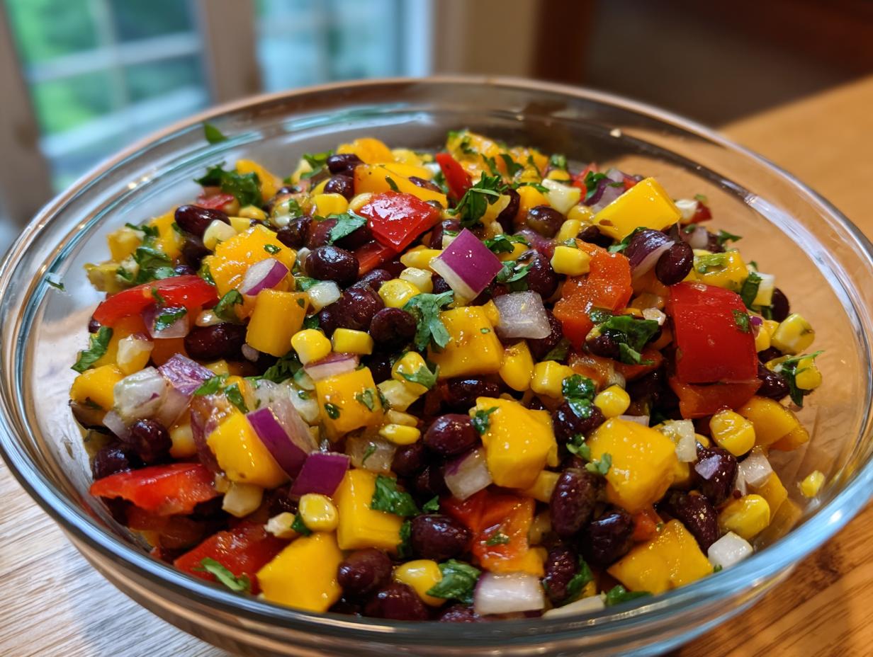 A vibrant bowl of Mango Black Bean Picnic Salad, featuring diced mango, black beans, corn, red bell peppers, and red onion.