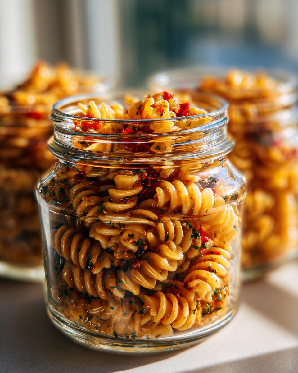 Close-up of a glass jar filled with spiral pasta, sun-dried tomatoes, herbs, and dressing, part of healthy lunch ideas with Mediterranean pasta salad jars.