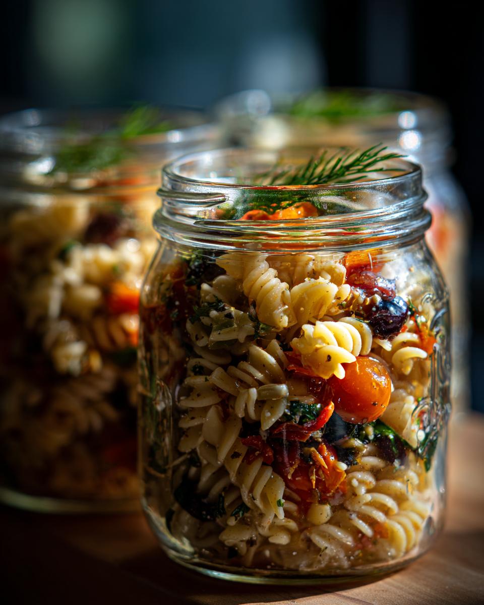 Close-up of a Mediterranean pasta salad jar filled with rotini pasta, sun-dried tomatoes, olives, and herbs. Ideal for healthy lunch ideas.