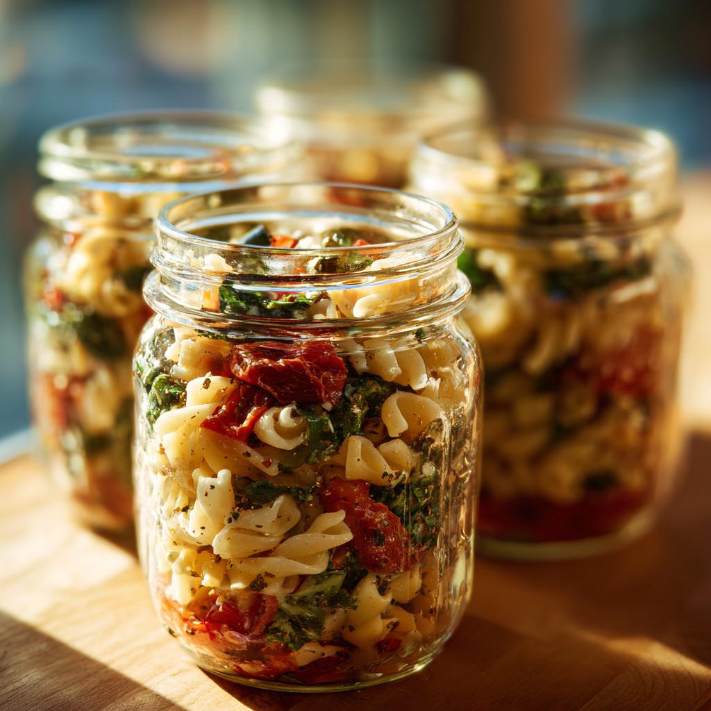 Close-up of a mason jar filled with Mediterranean pasta salad, featuring rotini pasta, sun-dried tomatoes, and greens.