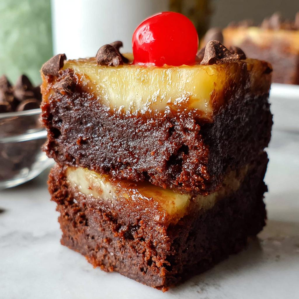 A stack of two mini pineapple upside-down cheesecakes, topped with a cherry and chocolate chips.
