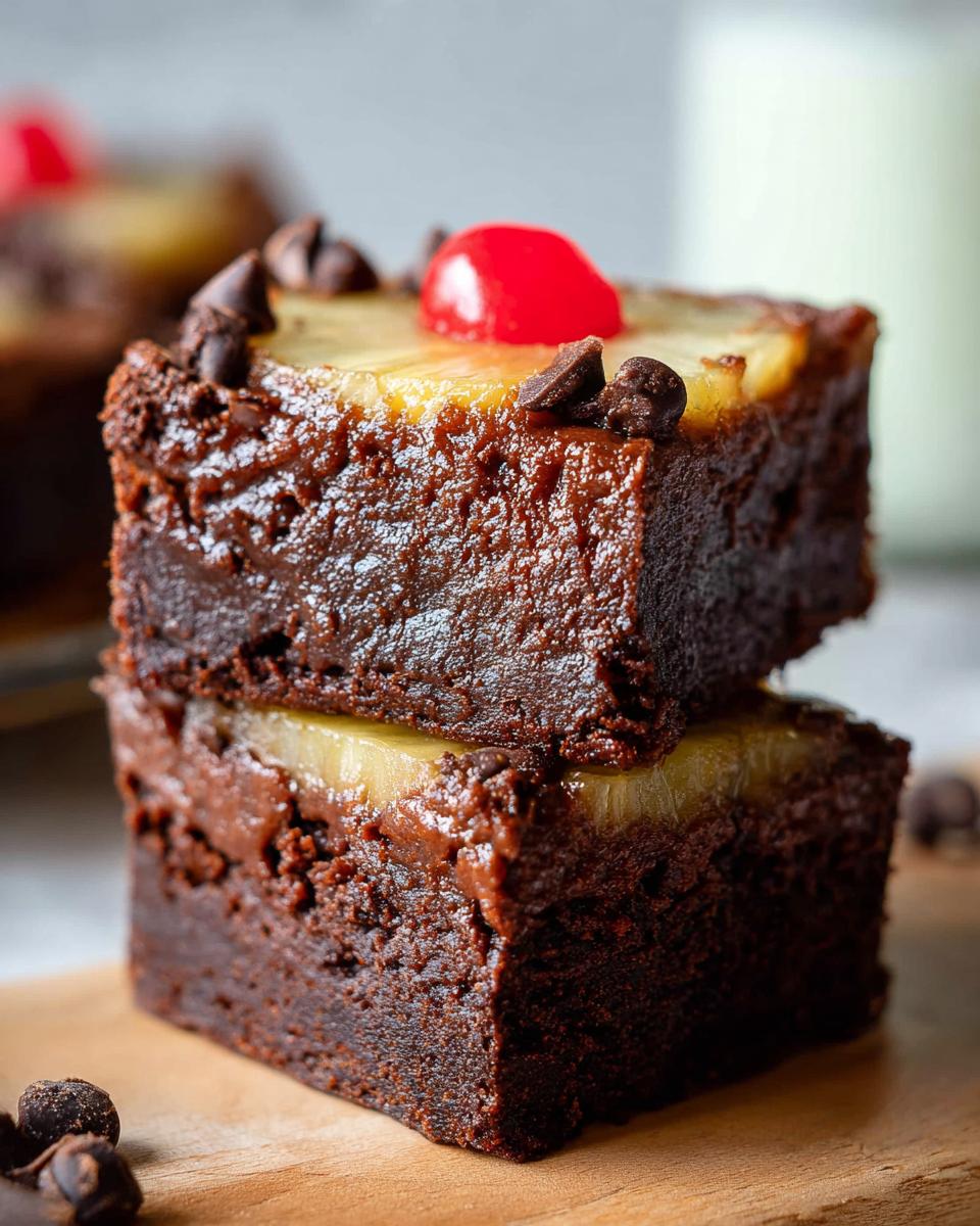 Two rich chocolate Mini Pineapple Upside-Down Cheesecakes stacked, topped with pineapple, chocolate chips, and a cherry.