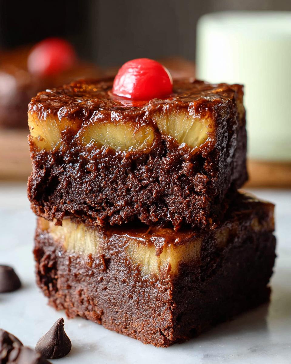 Two mini pineapple upside-down cheesecakes stacked, topped with a cherry and surrounded by chocolate chips.