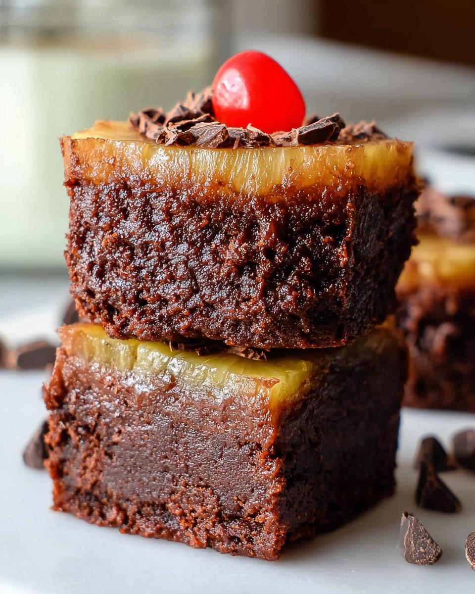 Two mini pineapple upside-down cheesecakes stacked, topped with chocolate shavings and a maraschino cherry.