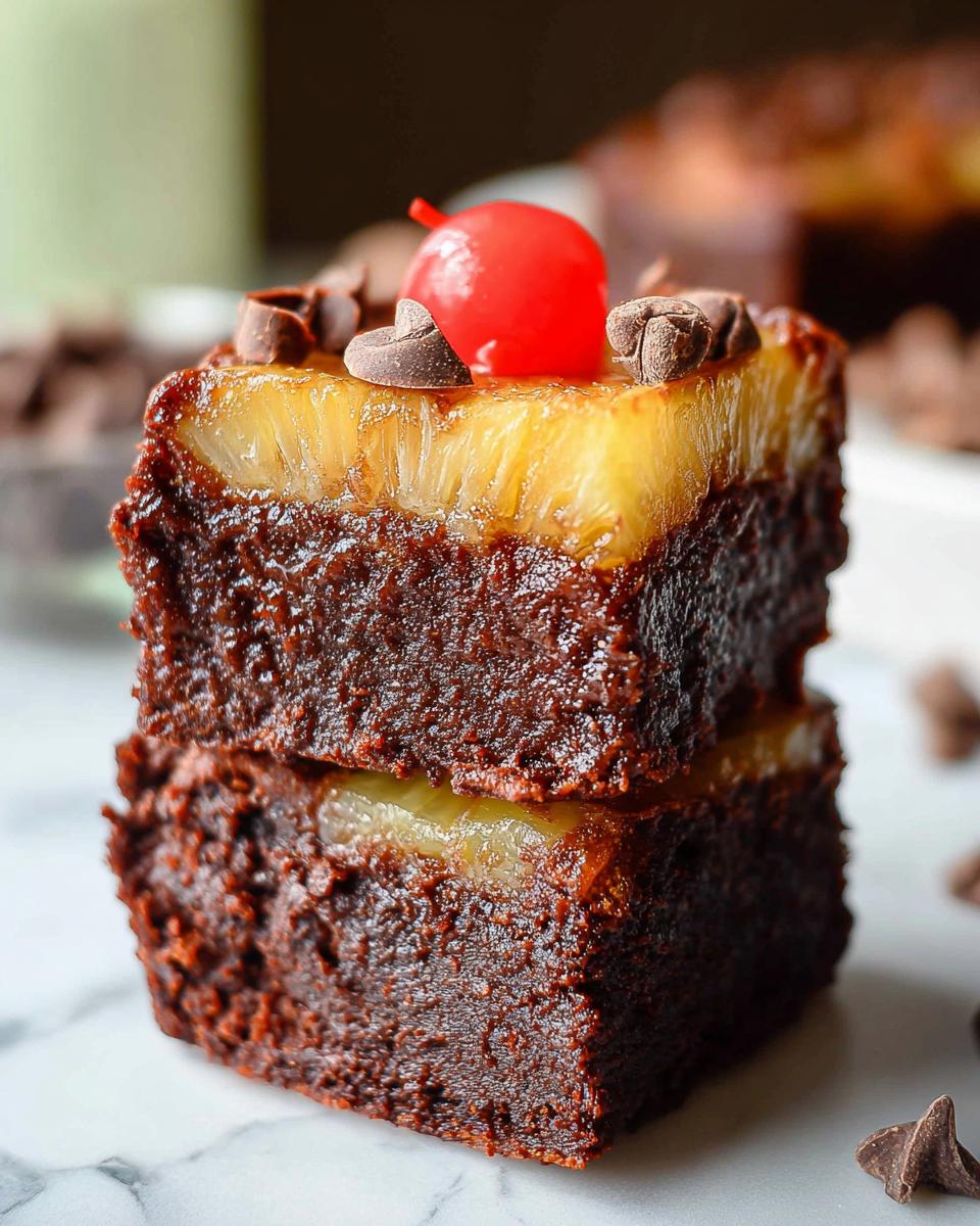 Two stacked Mini Pineapple Upside-Down Cheesecakes topped with a cherry and chocolate chips.