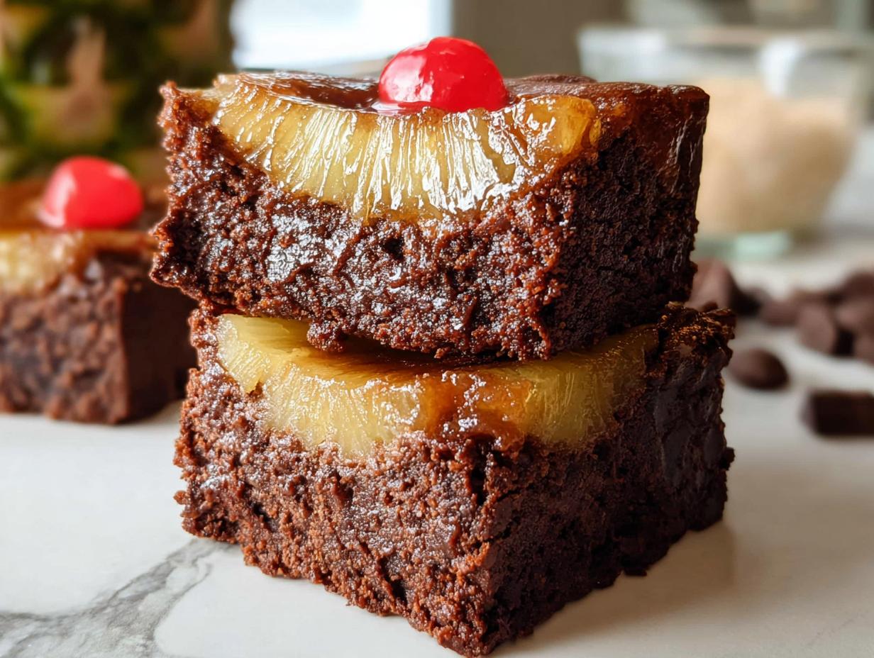 Two delicious mini pineapple upside-down cheesecakes stacked, topped with a cherry.