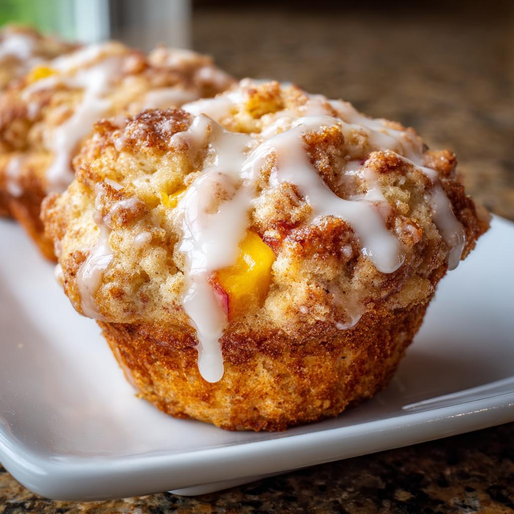 Close-up of a moist peach muffin topped with vanilla glaze and visible peach chunks.