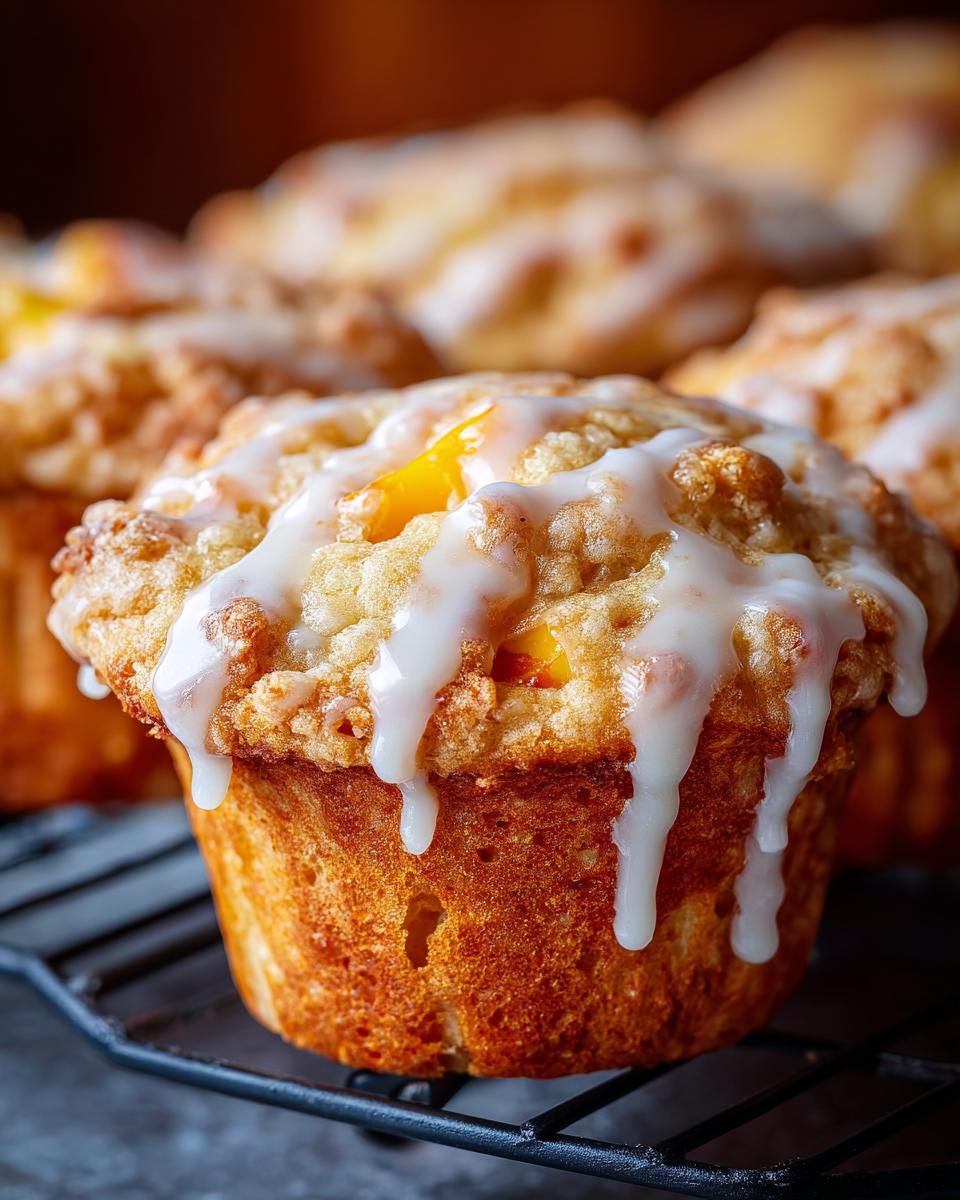 Close-up of a moist peach muffin topped with a sweet vanilla glaze and chunks of peach.