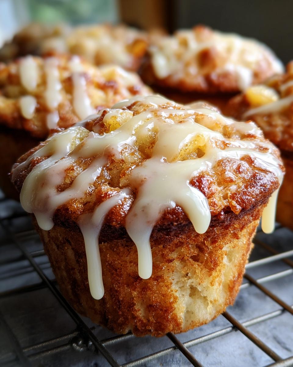 Close-up of a moist peach muffin topped with a vanilla glaze drizzle, showcasing its fluffy texture.