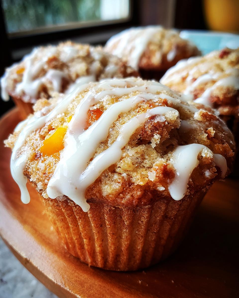 Close-up of a moist peach muffin topped with vanilla glaze and streusel, showcasing chunks of peach.