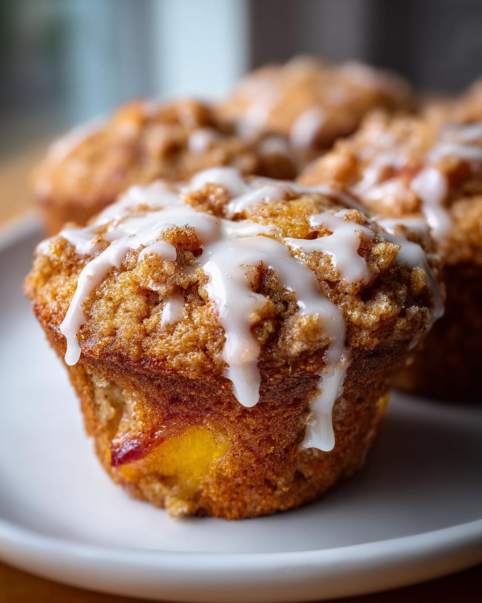 Close-up of a moist peach muffin topped with vanilla glaze and streusel, revealing juicy peach pieces inside.