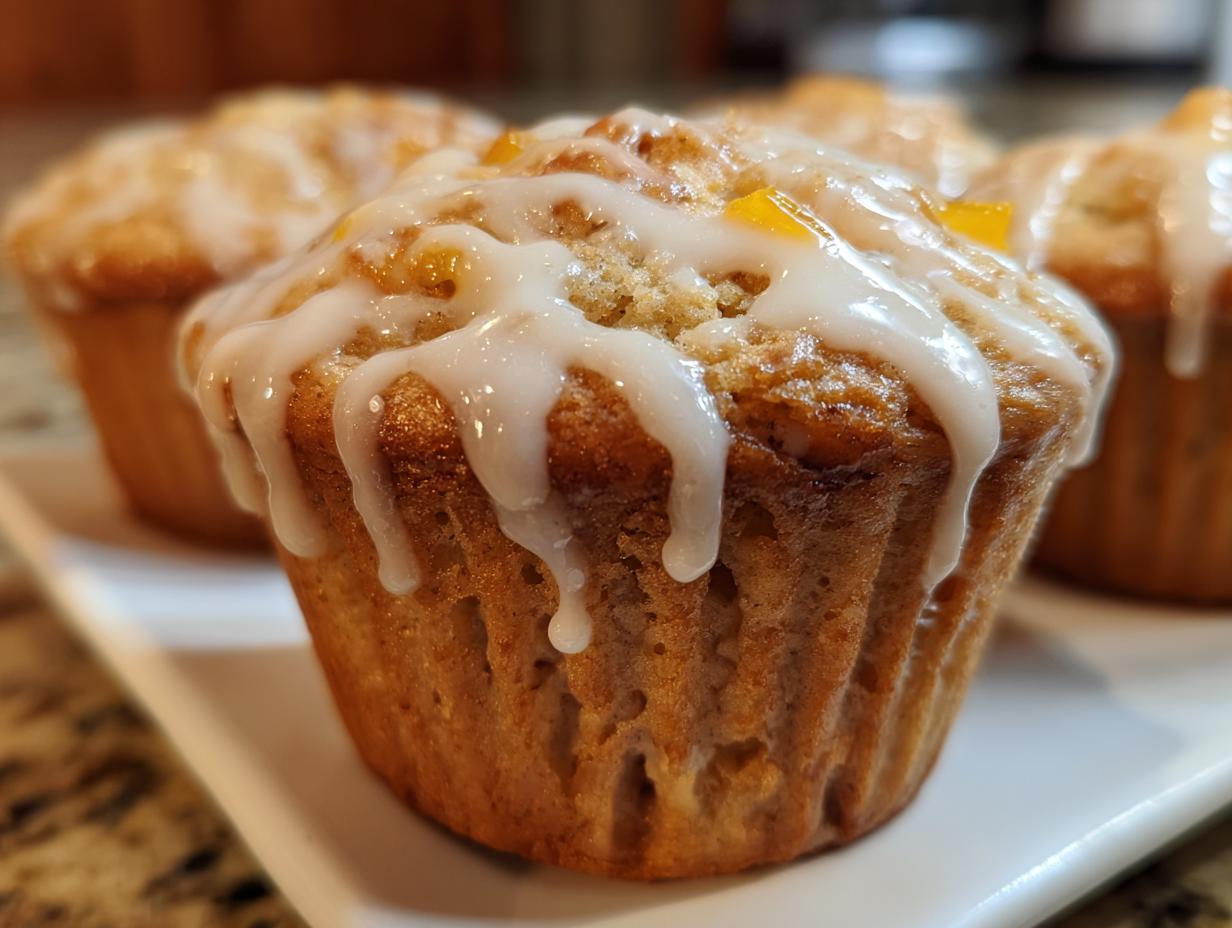 Close-up of a moist peach muffin topped with a drizzled vanilla glaze and chunks of peach.
