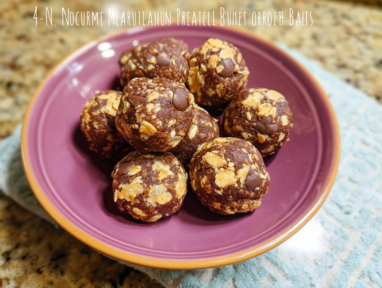 A pile of No-Bake Chocolate Peanut Butter Protein Balls with visible oats and chocolate chips on a purple plate.