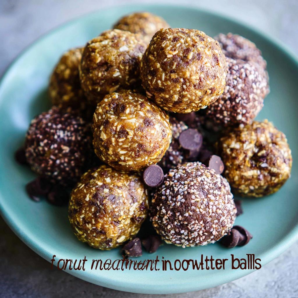 A pile of delicious No-Bake Chocolate Peanut Butter Protein Balls on a teal plate, with chocolate chips scattered around.