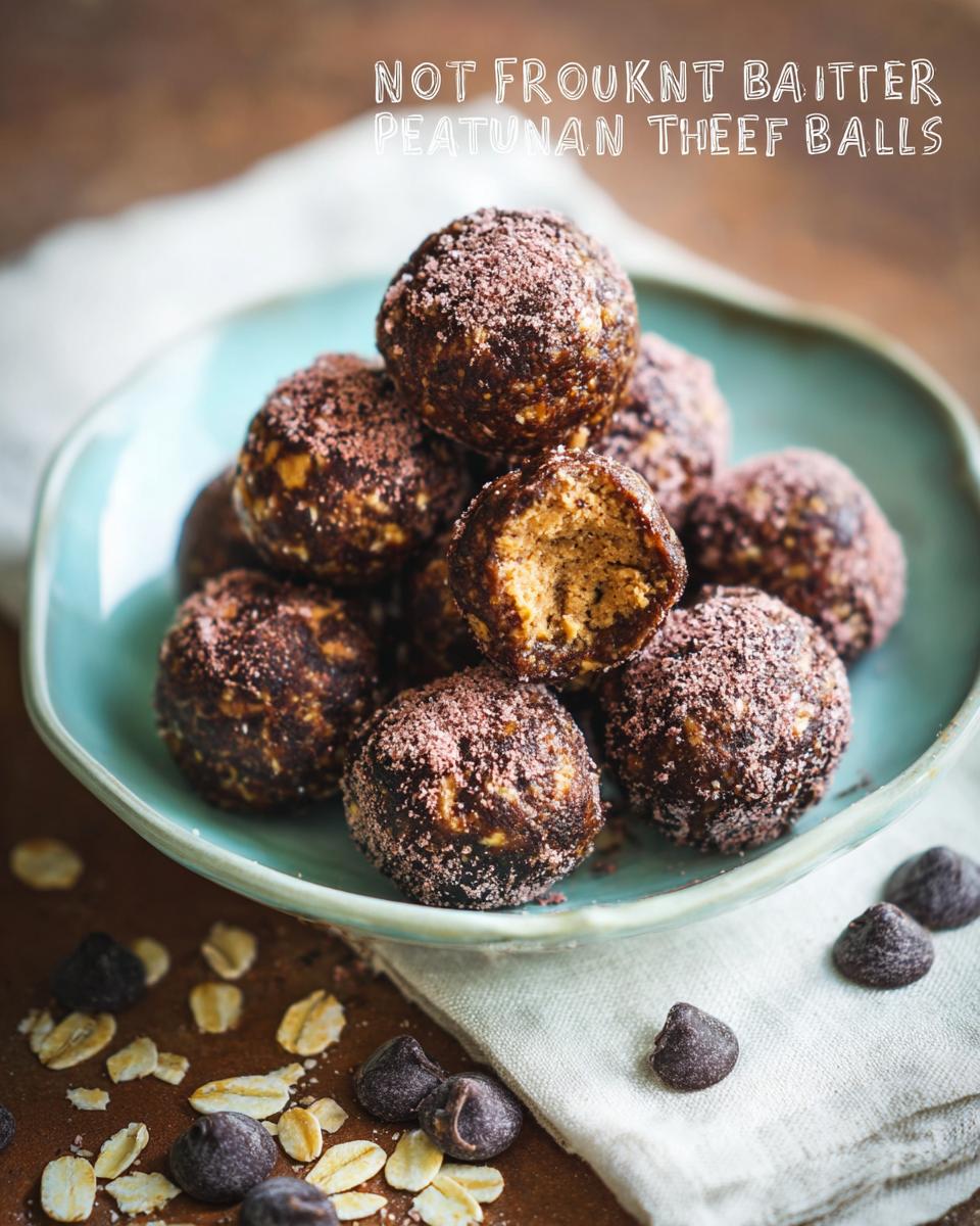 A close-up of No-Bake Chocolate Peanut Butter Protein Balls in a teal bowl, dusted with cocoa powder.