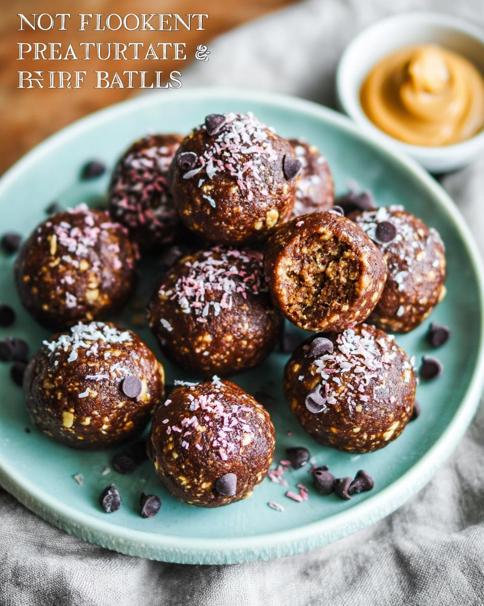A plate of delicious no-bake chocolate peanut butter protein balls, sprinkled with shredded coconut and mini chocolate chips.