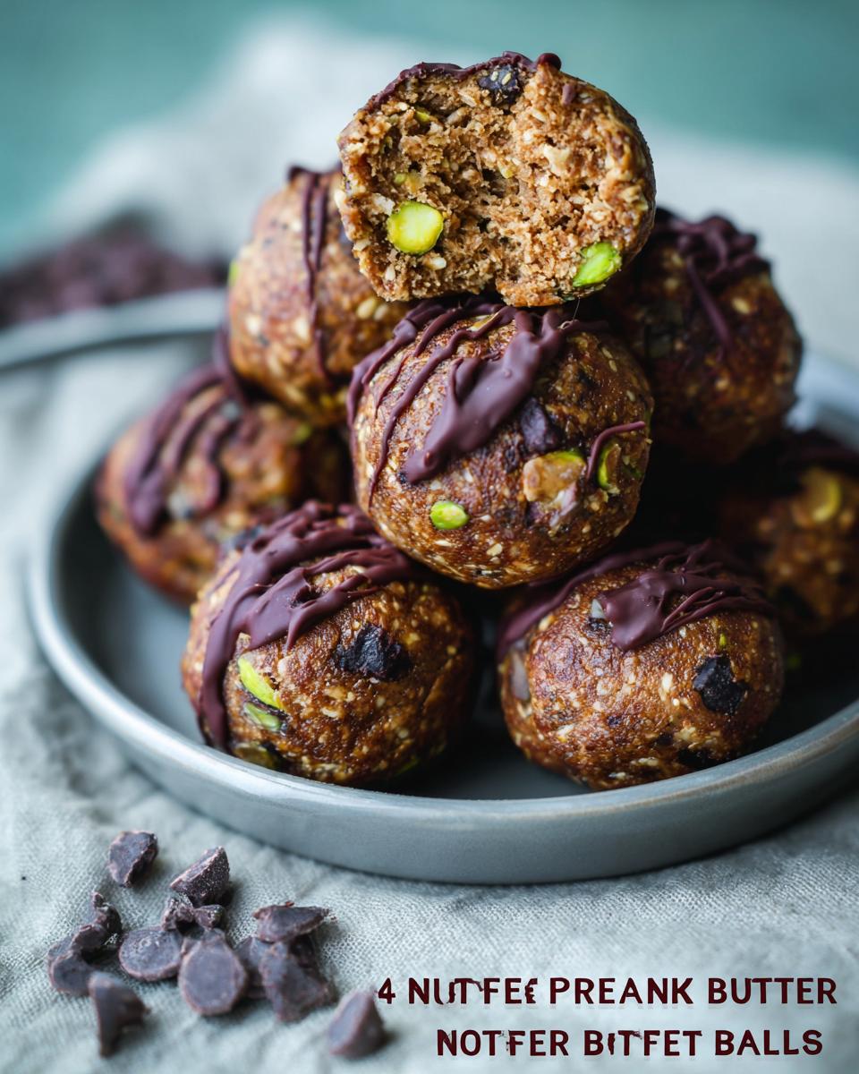 Close-up of No-Bake Chocolate Peanut Butter Protein Balls drizzled with chocolate, one is broken open showing pistachios and chocolate chips.