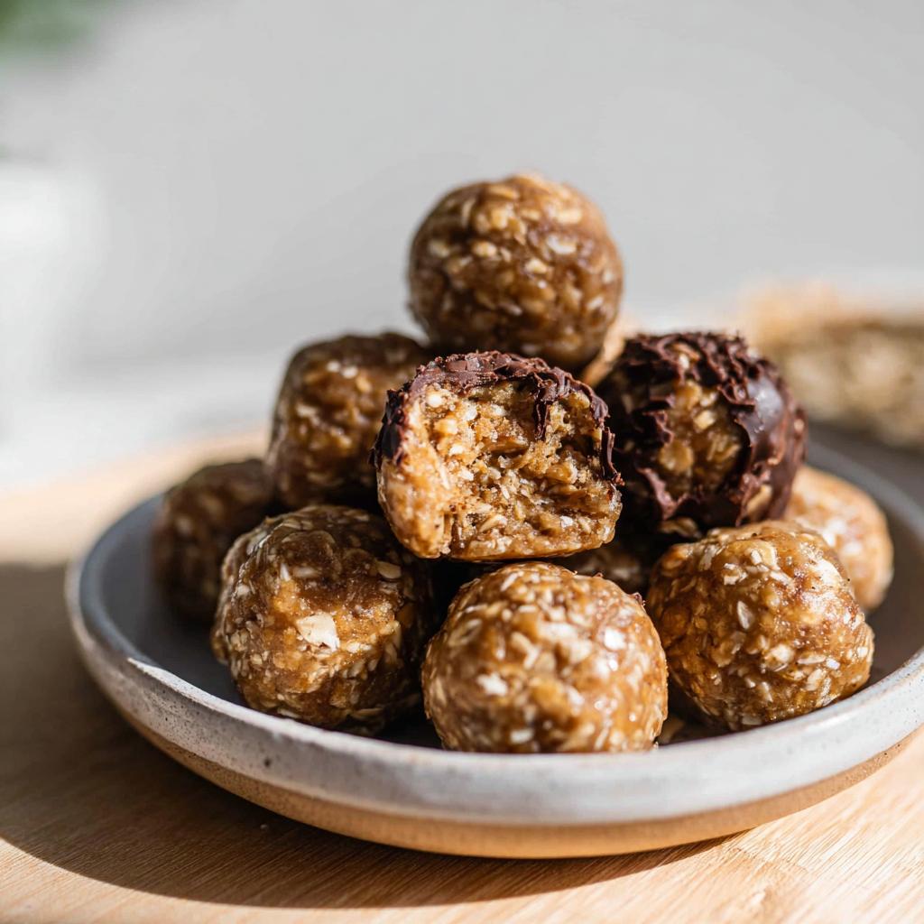 A close-up of a pile of No-Bake Chocolate Peanut Butter Protein Balls, with one ball cut in half to show the texture.