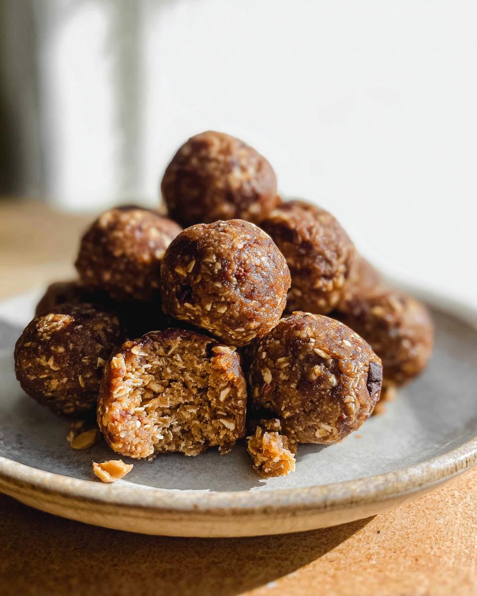 A stack of No-Bake Chocolate Peanut Butter Protein Balls on a plate, with one ball broken in half to show the texture inside.