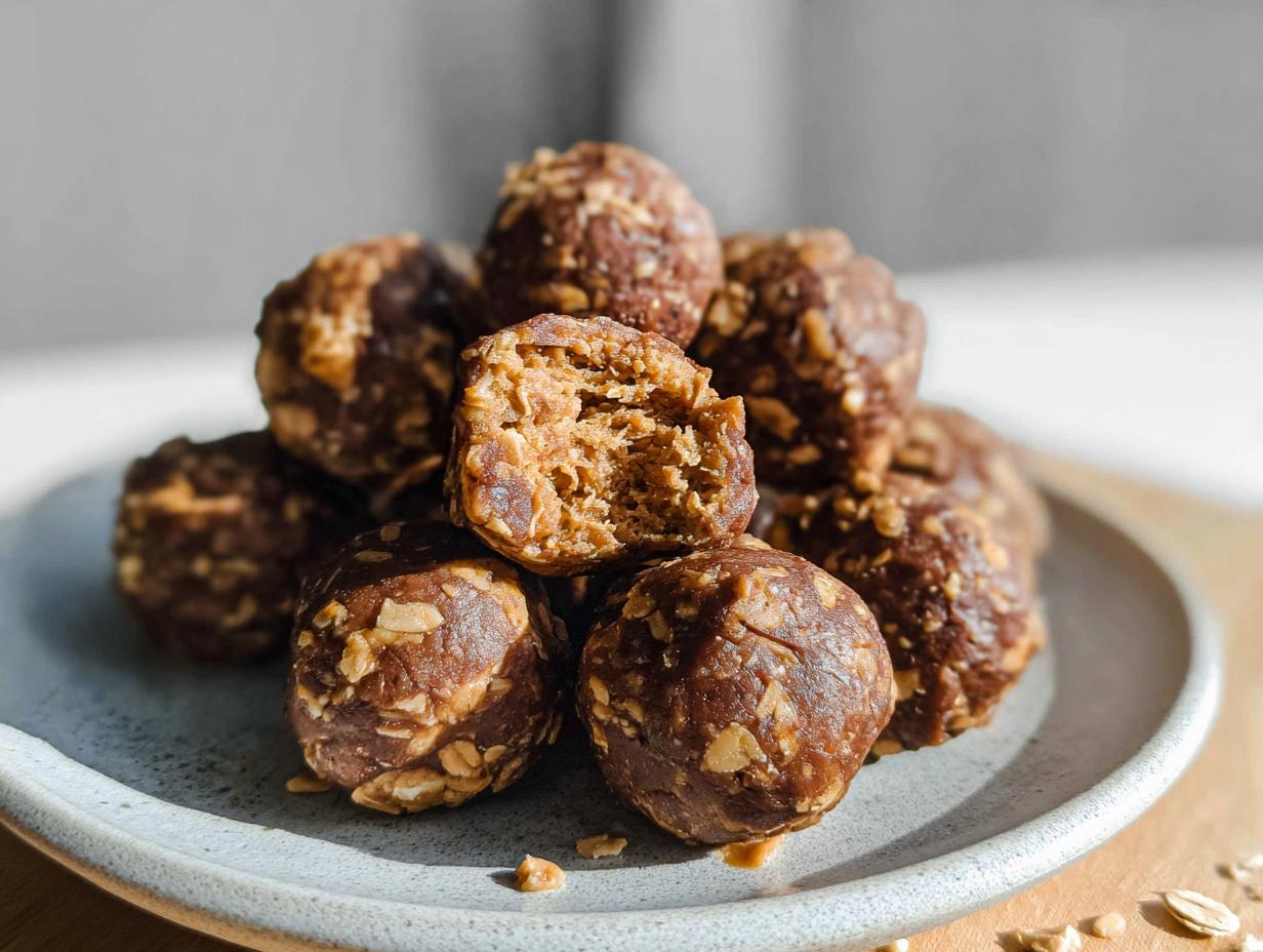 A close-up of a stack of No-Bake Chocolate Peanut Butter Protein Balls, with one ball broken in half to show the texture.