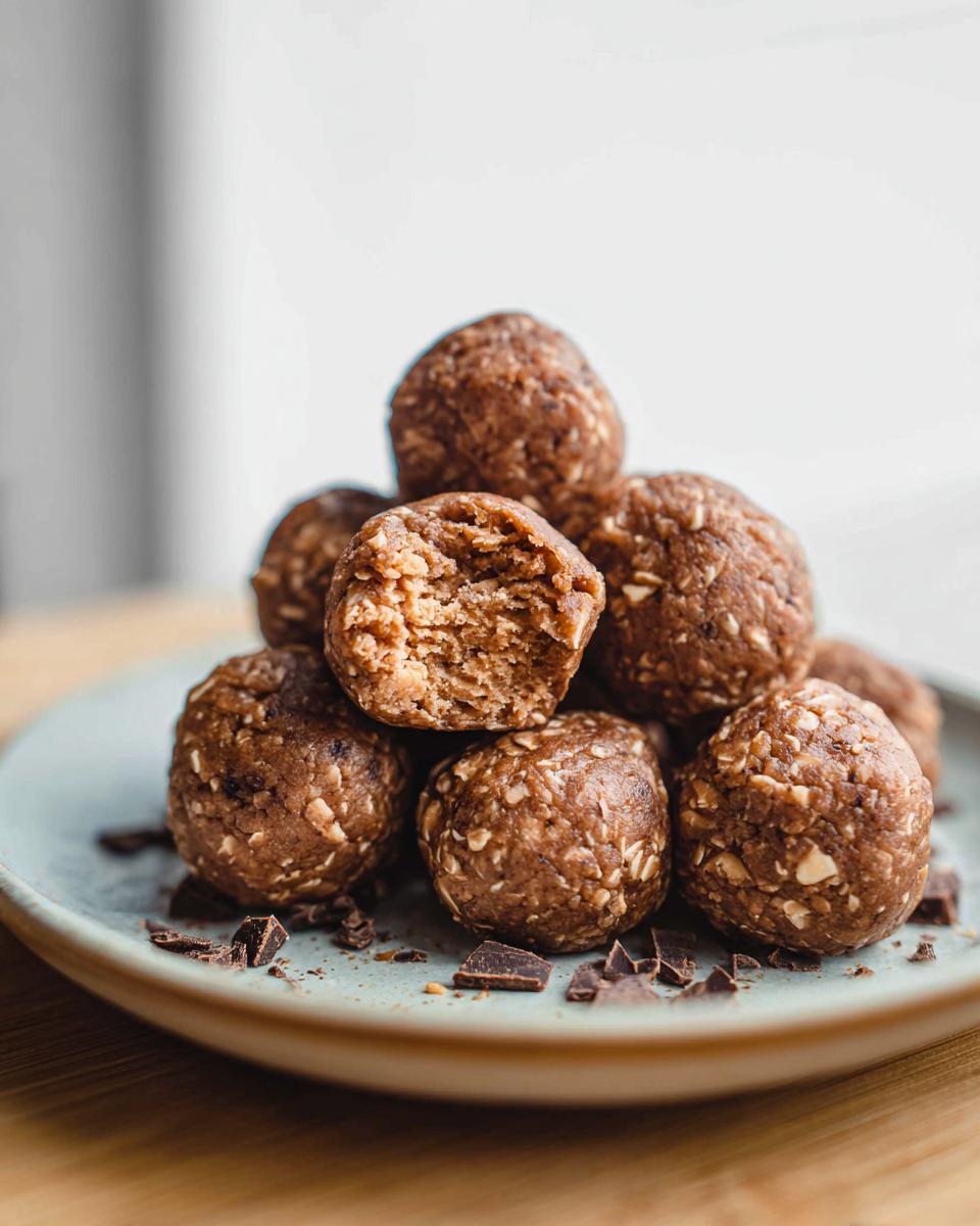 A stack of No-Bake Chocolate Peanut Butter Protein Balls on a plate, with one ball broken in half to show the texture.