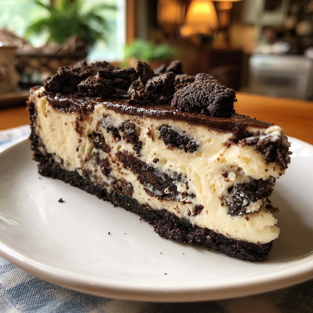 A decadent slice of no bake Oreo cheesecake with a chocolate ganache topping and crushed Oreos.