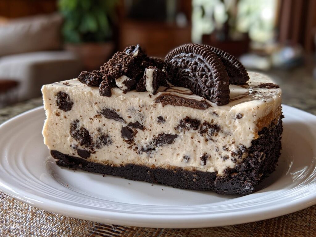 A slice of delicious no bake Oreo cheesecake with chunks of Oreo cookies and topped with whole Oreos.