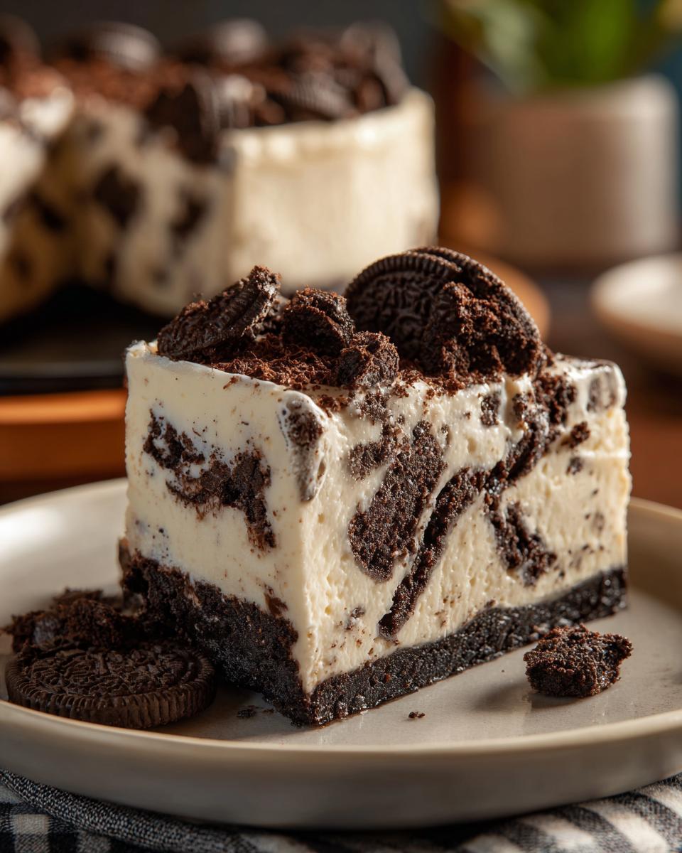 A delicious slice of no bake Oreo cheesecake with chunks of Oreo cookies and a chocolate cookie crust.