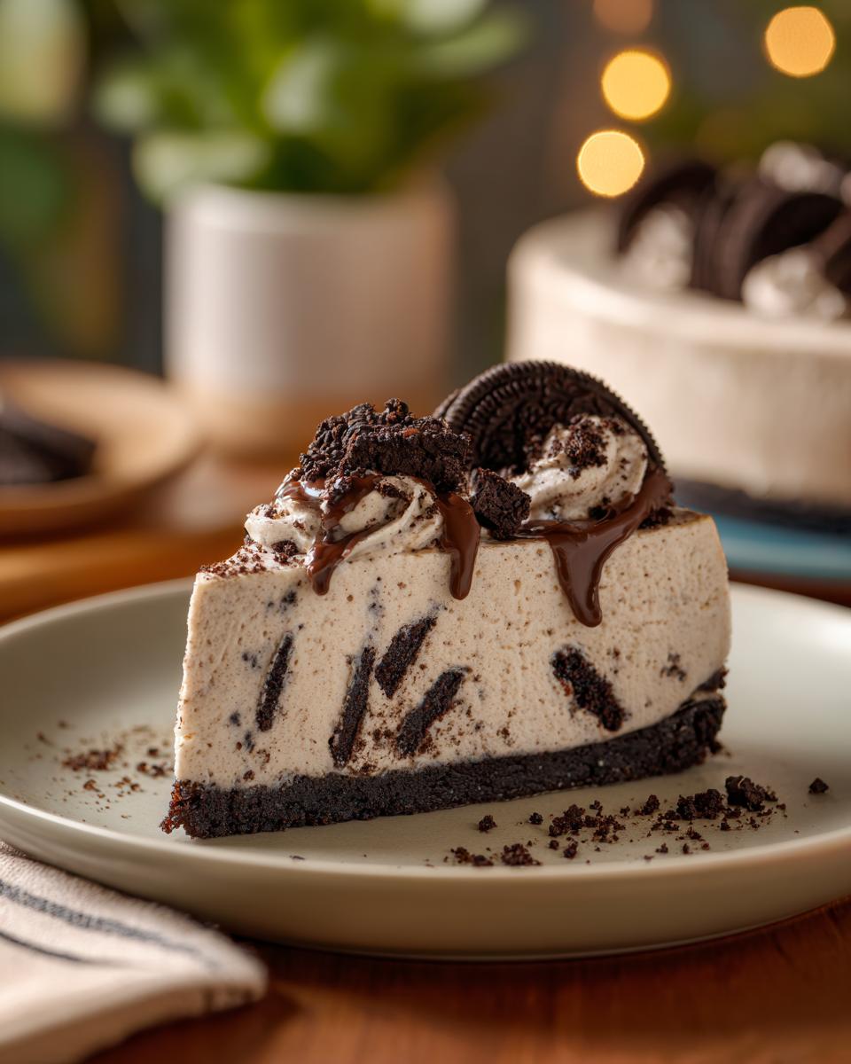 A decadent slice of no bake Oreo cheesecake topped with whipped cream, chocolate drizzle, and crushed Oreos.