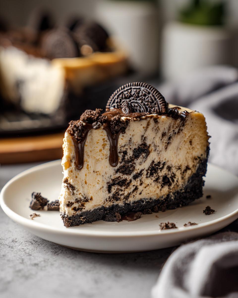 A slice of no bake Oreo cheesecake on a white plate, topped with chocolate drizzle and an Oreo cookie.