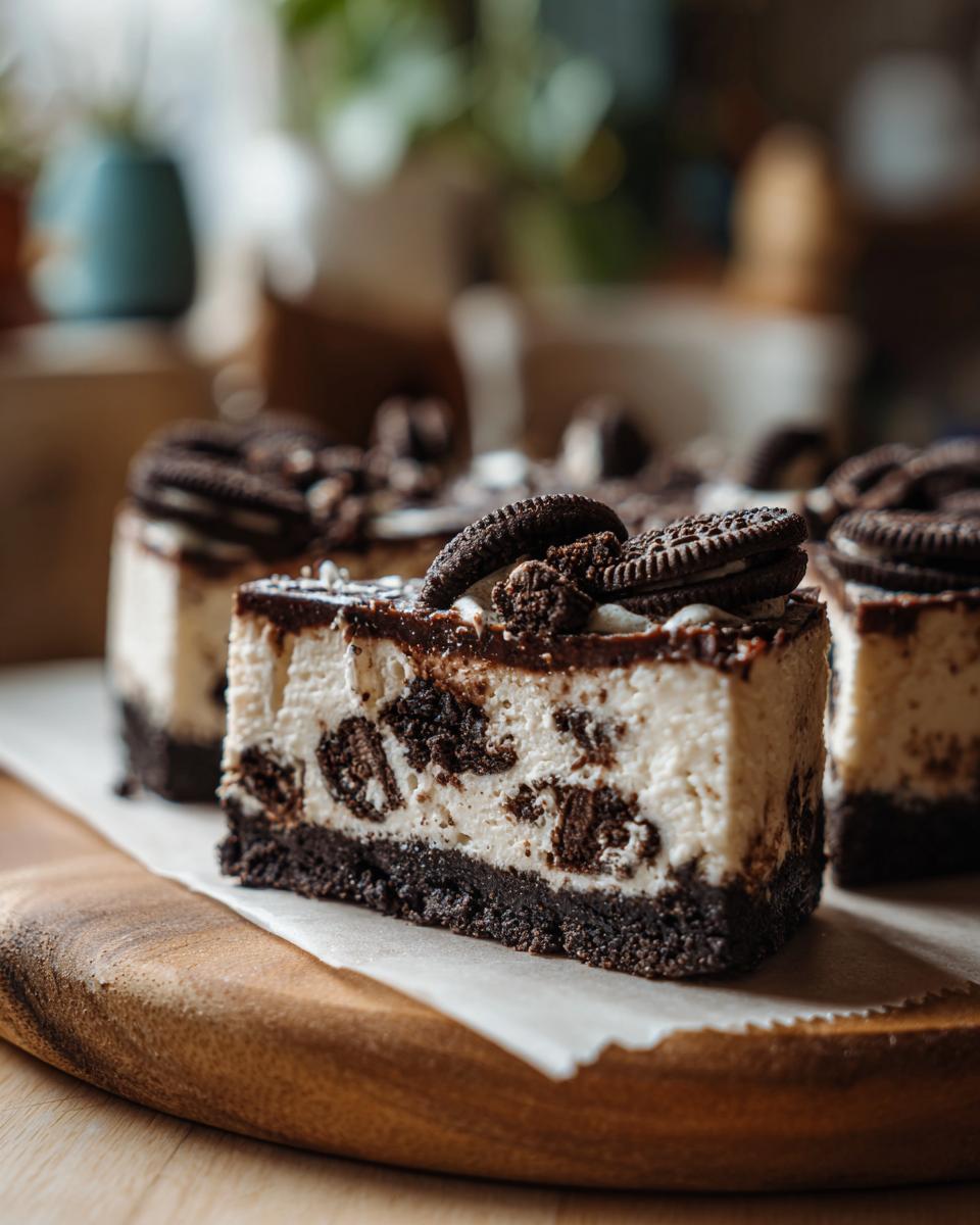 Close-up of slices of no bake Oreo cheesecake on a wooden board, topped with whole and crushed Oreos.