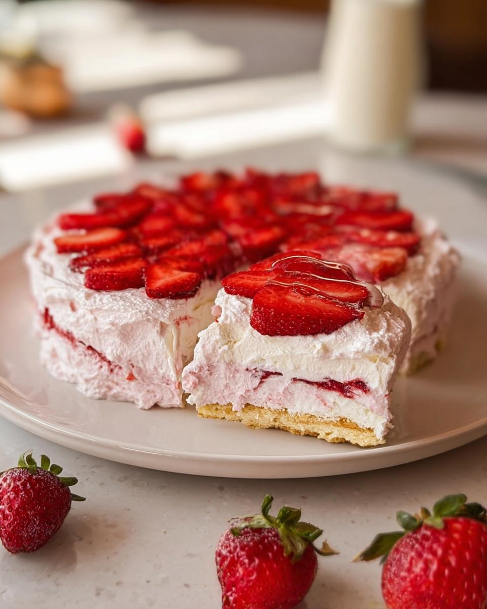 A slice of no-bake strawberry cloud cake with layers of cream and strawberries on a plate.