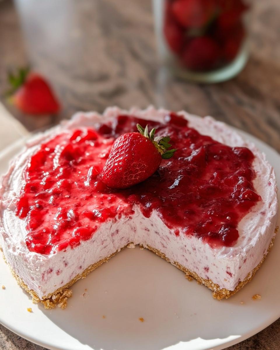 A slice missing from a light and healthy no-bake strawberry cloud cake topped with strawberry compote and a fresh strawberry.