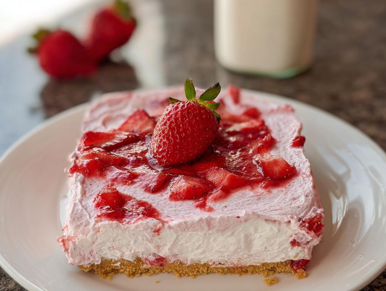 A slice of no-bake strawberry cloud cake topped with fresh strawberries and strawberry sauce.