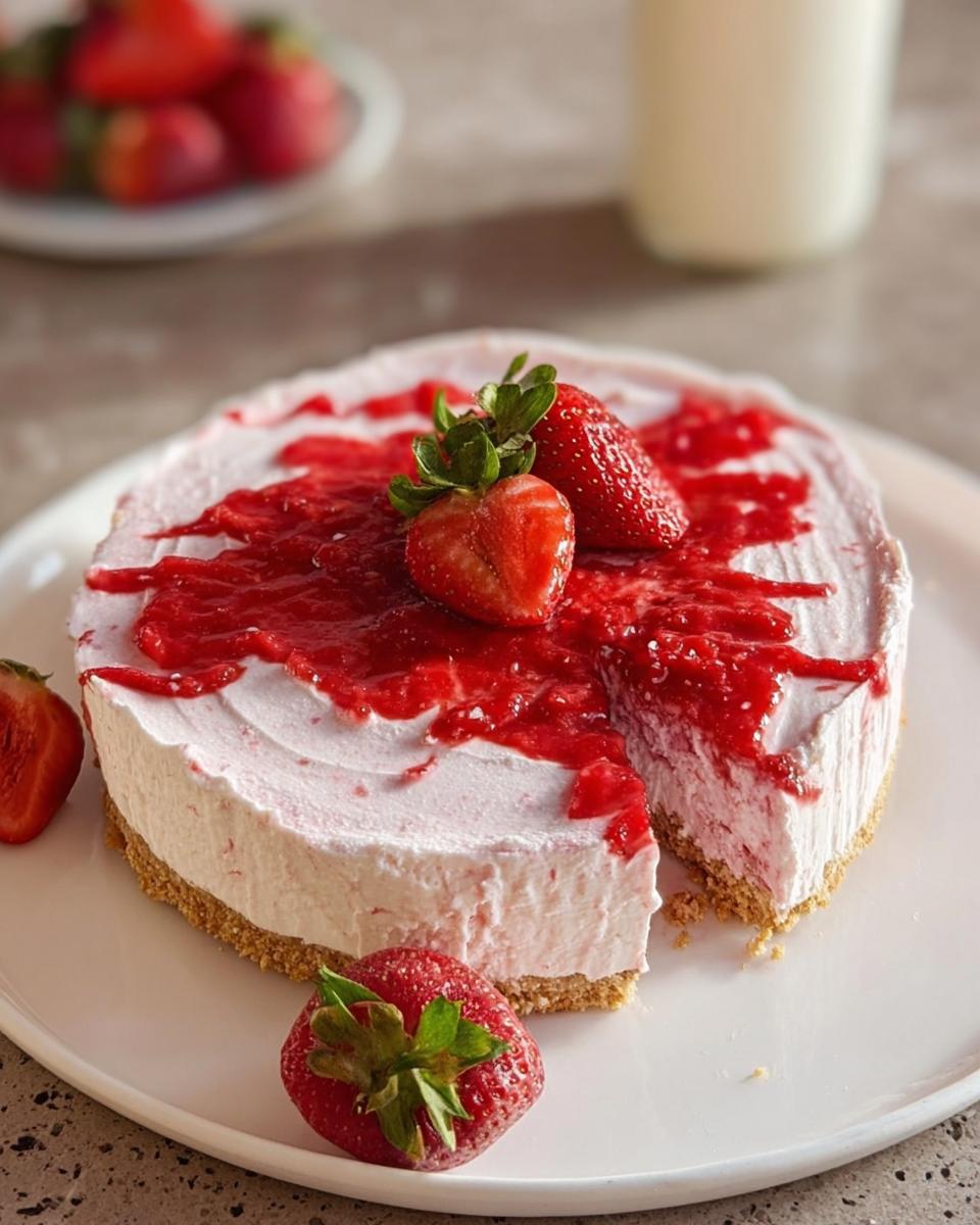A slice of light and healthy no-bake strawberry cloud cake with a graham cracker crust, topped with fresh strawberries and strawberry sauce.