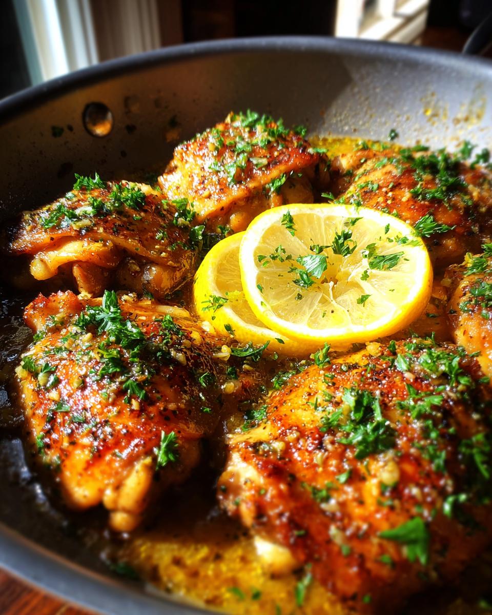 Close-up of juicy, golden-brown chicken thighs cooked in a pan with lemon slices and fresh parsley.
