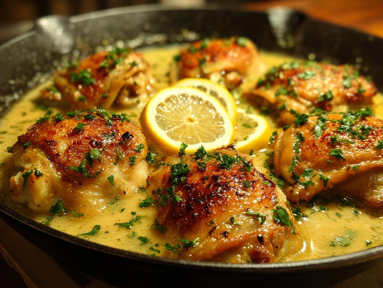 Close-up of golden-brown chicken thighs in a creamy lemon sauce, garnished with fresh parsley and lemon slices, part of an easy dinner recipe.