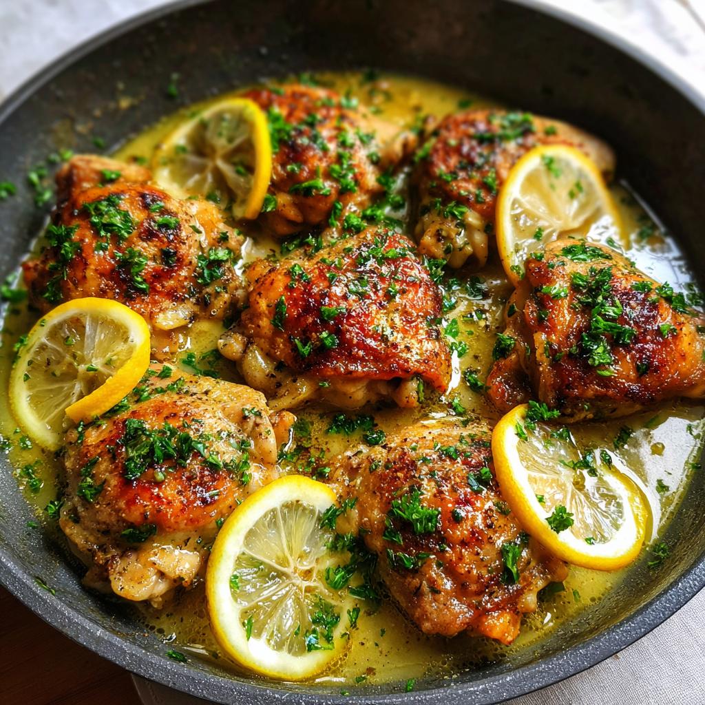 Close-up of juicy, golden-brown chicken thighs cooked in a lemon sauce with fresh parsley and lemon slices in a skillet.