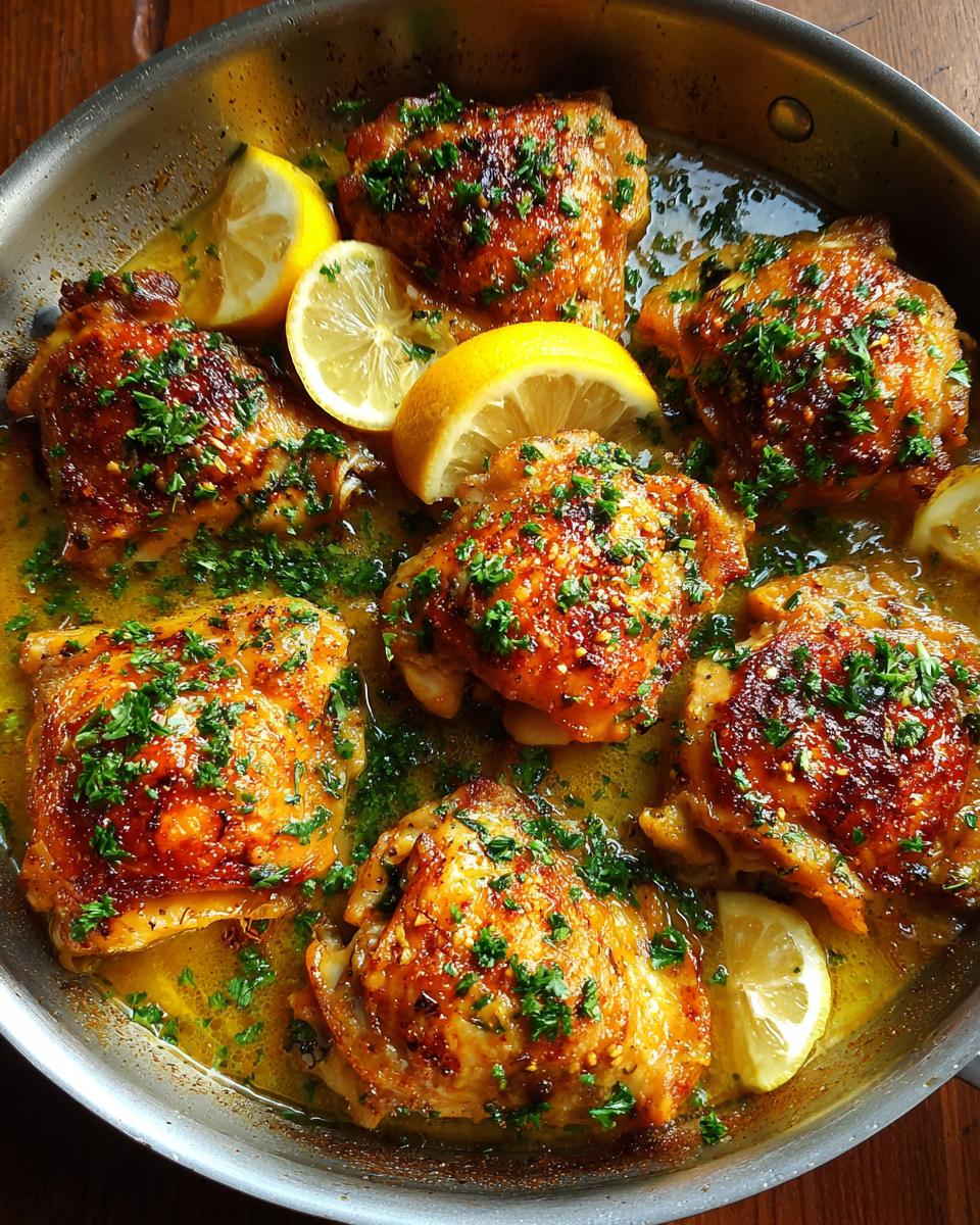 A close-up overhead view of juicy, golden-brown chicken thighs cooked in a skillet with lemon slices and fresh parsley.