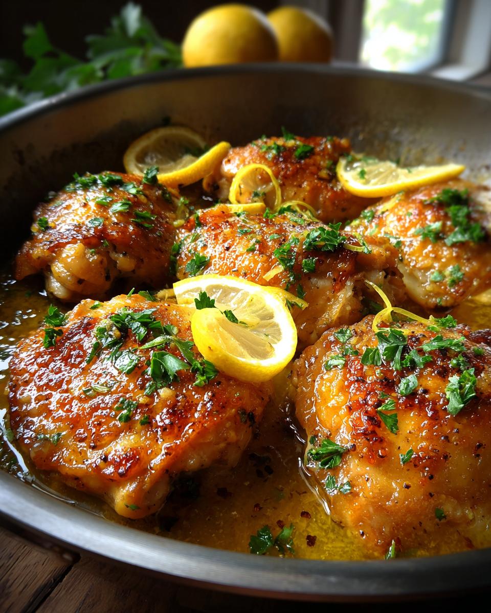 Close-up of golden brown, juicy chicken thighs cooked in a lemon sauce with fresh parsley and lemon slices in a pan.