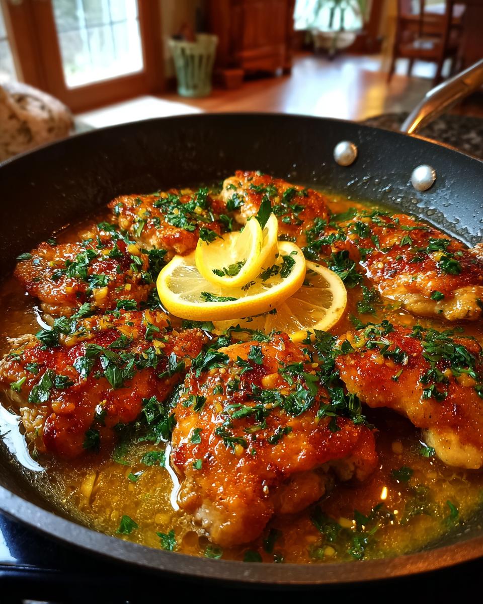 A close-up of golden-brown chicken pieces in a glistening lemon sauce, garnished with fresh parsley and lemon slices, in a skillet.