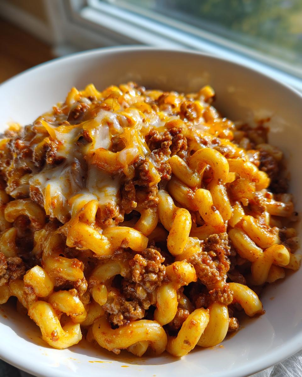 A close-up of a bowl filled with one pot taco pasta, featuring elbow macaroni, seasoned ground beef, and melted cheese.
