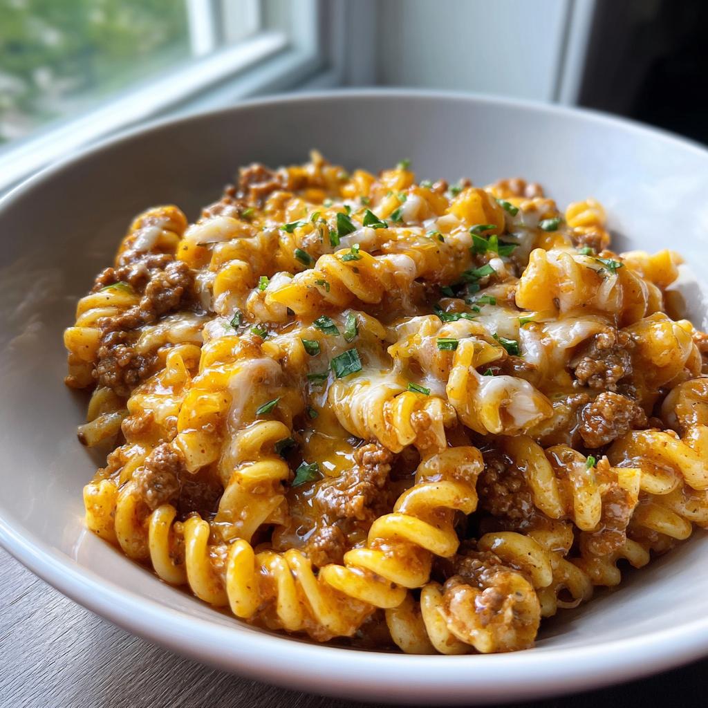 A close-up of a bowl filled with one pot taco pasta, featuring rotini noodles, seasoned ground beef, and melted cheese, garnished with parsley.