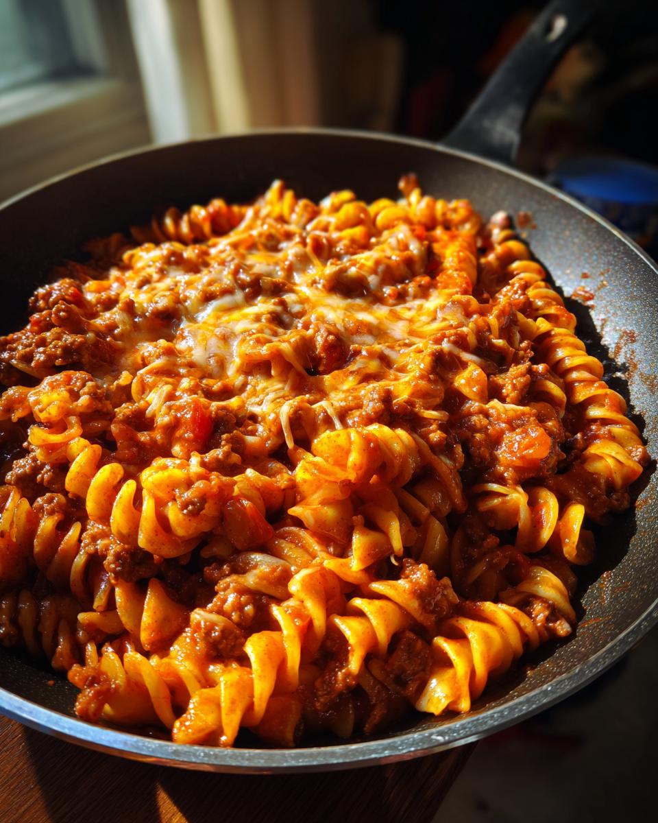 A close-up of a skillet filled with delicious one pot taco pasta, topped with melted cheese.