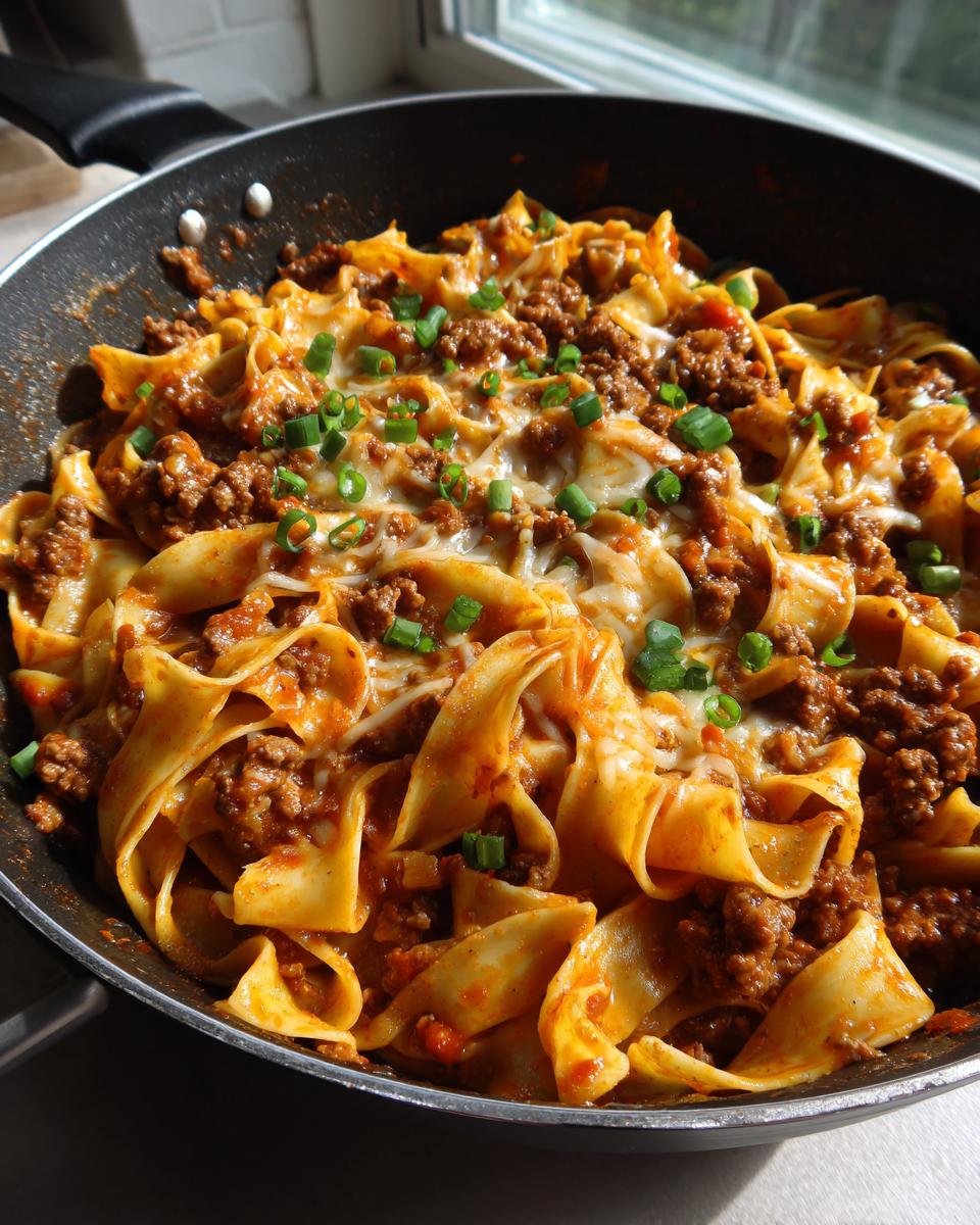Close-up of a skillet filled with delicious one pot taco pasta, topped with melted cheese and green onions.