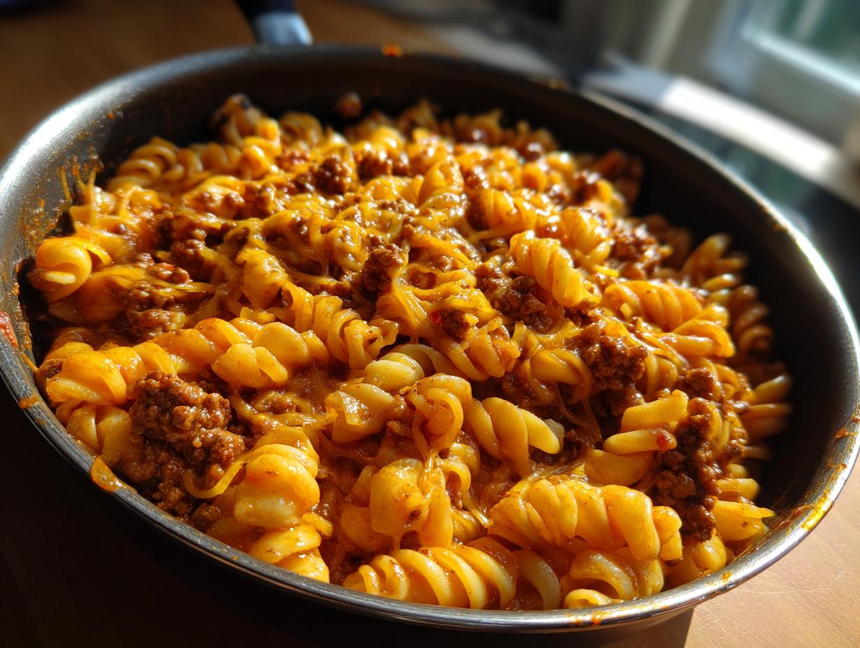 Close-up of a skillet filled with cheesy one pot taco pasta and ground beef.