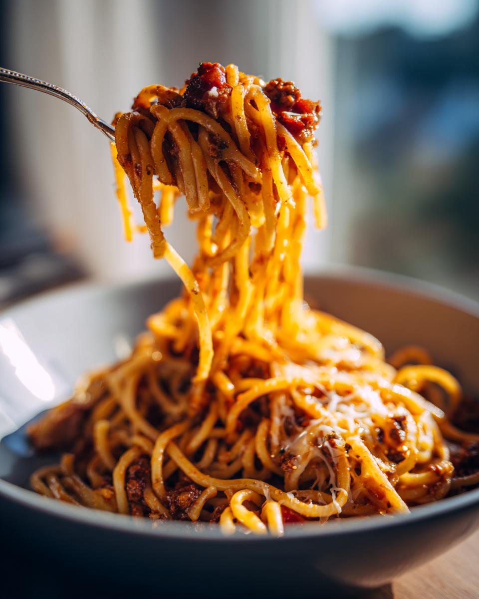 A fork lifting a generous portion of spaghetti from a bowl of one pot taco pasta, topped with melted cheese.