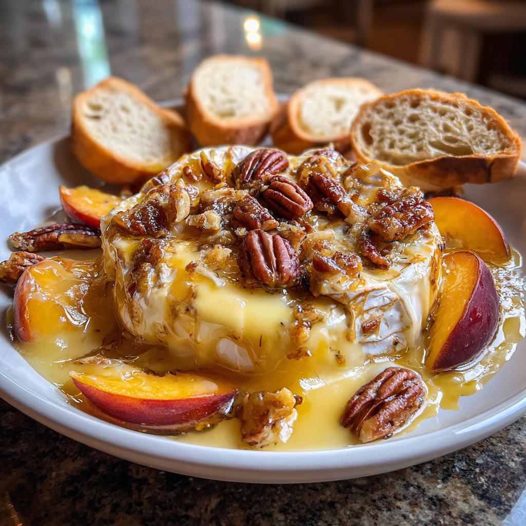 Melted baked brie topped with toasted pecans and drizzled with honey, surrounded by peach slices and served with toasted bread.